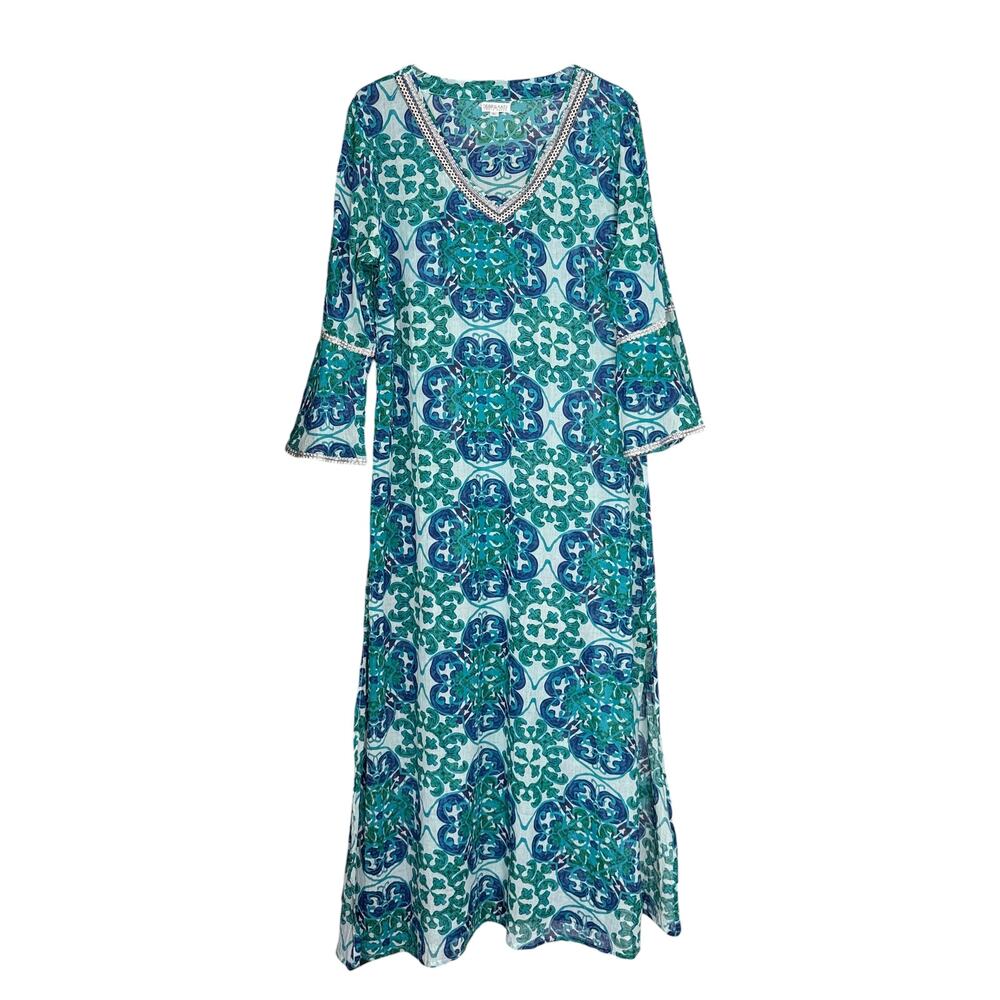 Debbie Katz SAFI Turquoise Pattern V-Neck Silver Trim Lightweight Maxi Dress XL